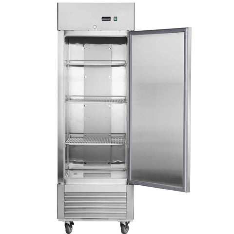 Heavy Duty Double Door Commercial Fridge with stainless steel finish, open door, and empty shelves for bars and restaurants.