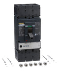 Real Deal Heavy Duty Molded Case Circuit Breaker 600V 600A Ljl36600U31X with mounting screws and terminals.