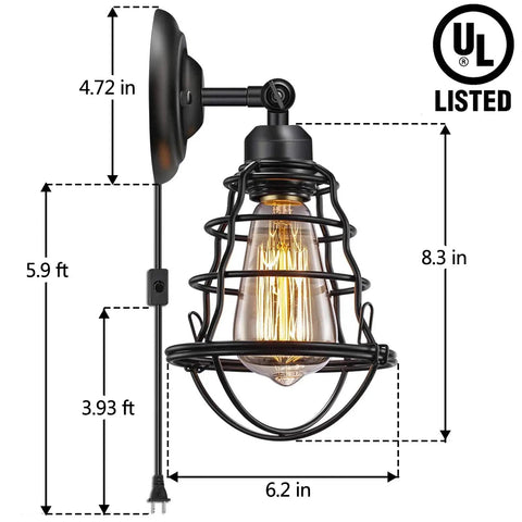 Industrial Plug In Wall Sconces Set Of 2 With 5.9 Foot Cord And On Off Switch, Wire Cage Vintage Rustic Wall Lighting For Headboard, Bedroom Or Bathroom, 180 Degree Adjustable Lamp Heads For Mood Lighting, UL Listed