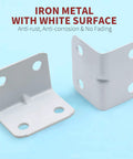 Built Tough Rock Solid L Brackets For Shelves Heavy Duty Wall Mount Corner Supports 24 Pc White Painted Steel angle supports on blue background.
