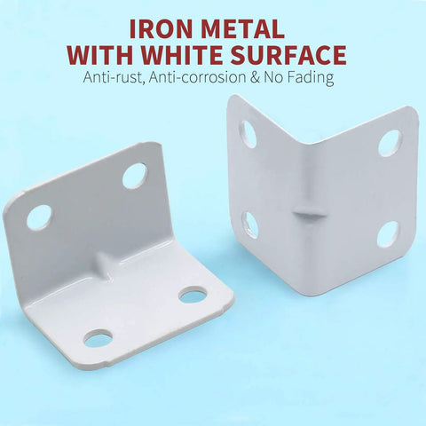 Built Tough Rock Solid L Brackets For Shelves Heavy Duty Wall Mount Corner Supports 24 Pc White Painted Steel angle supports on blue background.