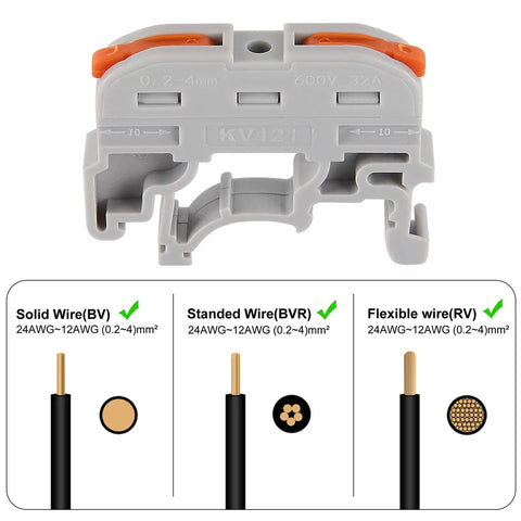 20-Piece DIN Rail Terminal Blocks for Electrical Control Panels, Compact Grey Wire Connectors with wire illustrations