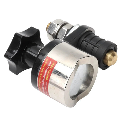 Heavy Duty Aramox Magnetic Welding Ground Clamp With On Off Switch And Floating Contact Design Ensures Rock Solid Electrical Stability Plus Silicone Insulation For Safe Professional Fabrication Jobs, close-up view showing black handle and metallic clamp.