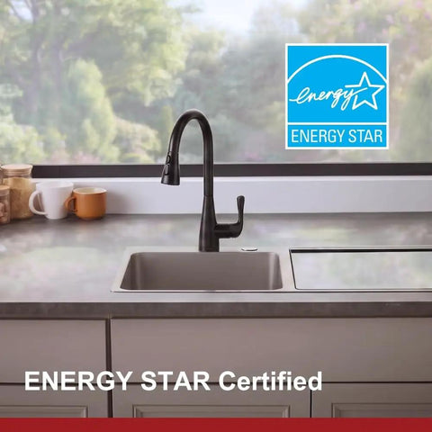 Compact 3 In 1 In Sink Dishwasher With Build In Produce Washer And Pasteurizer Boasting 360 Degree Rotary Spray, sleek black faucet in modern kitchen.