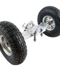 Heavy Duty 10 Inch Pneumatic Sliding Gate Wheels With Solid Carrier Frame For Chain Link Fences Rolls Like A Dream Fits 1 5/8 To 2 Inch Tracks close-up view of wheels and frame.