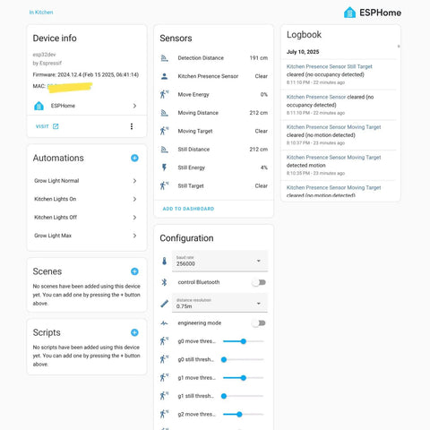 ESPHome dashboard interface showing sensor data and configuration settings for Human Presence Sensor V2.2 For Home Assistant With MmWave Radar Motion Detection.
