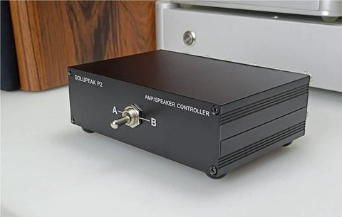 2 In 1 Out Amp And Speaker Switcher For Dual Amps Or Dual Speakers Reversible with banana jacks, front view on desk