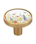 Close-up of Dope Gold Floral Drawer Knob Set Of 4 With Screws, Round Cabinet Pulls Featuring Wildflowers And Butterflies, acrylic face.