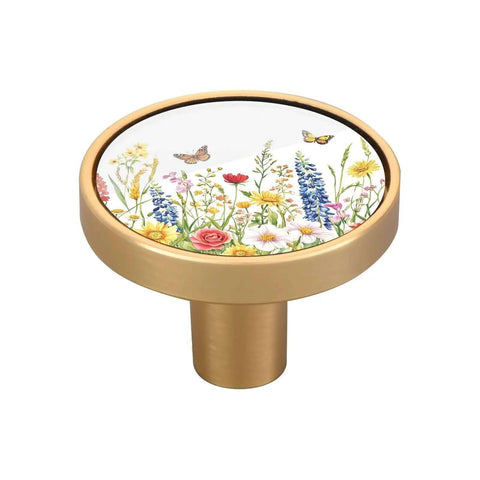 Close-up of Dope Gold Floral Drawer Knob Set Of 4 With Screws, Round Cabinet Pulls Featuring Wildflowers And Butterflies, acrylic face.