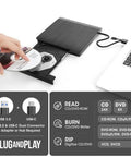 External CD DVD Drive For Laptop And Mac With Case USB 3 Type-C Plug And Play For Reading Burning And Watching CDs And DVDs On The Go Wide Compatibility Compact Portable Design, black external drive open with disc inserted