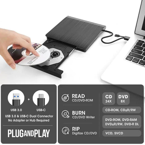 External CD DVD Drive For Laptop And Mac With Case USB 3 Type-C Plug And Play For Reading Burning And Watching CDs And DVDs On The Go Wide Compatibility Compact Portable Design, black external drive open with disc inserted