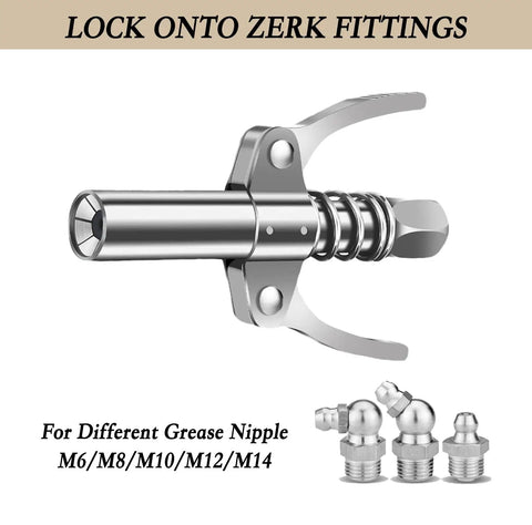 Grease Gun Accessory Kit With Two Heavy Duty Couplers Twelve Inch Flexible Tube And Nine Nipple Nozzle Ends M6 M8 M10 Pro Grade Universal Fit lock onto zerk fittings.