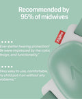 Close-up of baby ear muffs showing the design with 'Recommended by 95% of midwives' text, adjustable and kid-friendly features.