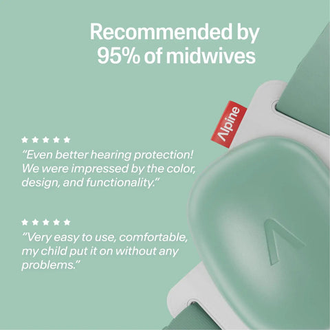 Close-up of baby ear muffs showing the design with 'Recommended by 95% of midwives' text, adjustable and kid-friendly features.