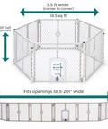 Top view and side view of Six Panel Petyard Passage Dog Playpen Fence With Wall Mount Kit Easy Setup Freestanding Or Wall Mounted Lockable Door Extends From 38.5 Inches To 201 Inches 26 Inch Tall Light Gray Made In USA Indoor Puppy Gate.
