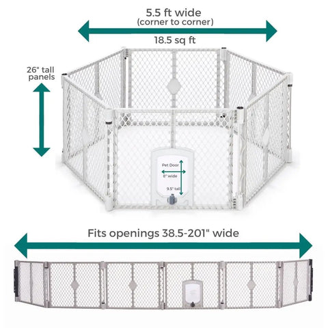 Top view and side view of Six Panel Petyard Passage Dog Playpen Fence With Wall Mount Kit Easy Setup Freestanding Or Wall Mounted Lockable Door Extends From 38.5 Inches To 201 Inches 26 Inch Tall Light Gray Made In USA Indoor Puppy Gate.