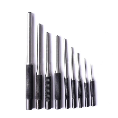 Premium 9-Piece Steel Round Head Punch Set For Guns with Multi Size Grip Roll Pins And Hollow End Starter Chisels To Disassemble Fast Safe Tool Kit, steel pin punches
