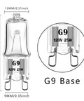 G9 Halogen Bulb 120V 25W T4 Type 2 Pin Base, dimensions shown, energy saving, dimmable warm white 2700K display.