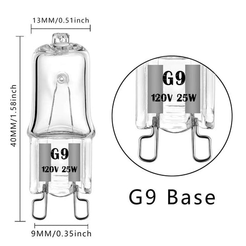 G9 Halogen Bulb 120V 25W T4 Type 2 Pin Base, dimensions shown, energy saving, dimmable warm white 2700K display.