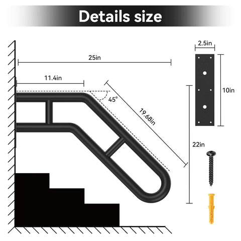 Diagram of Outdoor Wall Mount Handrail Grab Bar for 1 to 3 Step Stairs, 25.8 Inch black steel with size specifications.