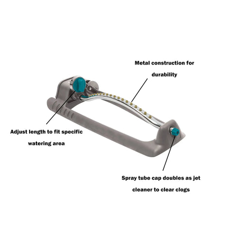 Adjustable Rectangular Lawn Sprinkler With Dial Spray Patterns Left Right Center Or Full For Massive Yard Coverage Hose Sprinkler For Lawn And Garden Gray Covers Up To 3000 Sq Ft, metal construction, front view