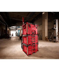 Red Three Drawer Tool Box With Locking Security Bar For Secure Closure, metal ball bearing drawer slides, in a garage environment.