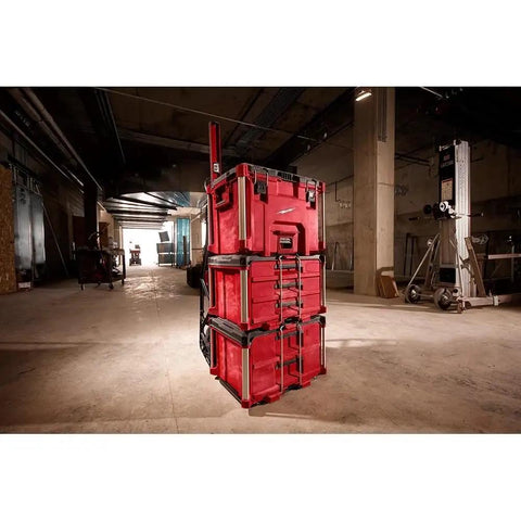 Red Three Drawer Tool Box With Locking Security Bar For Secure Closure, metal ball bearing drawer slides, in a garage environment.