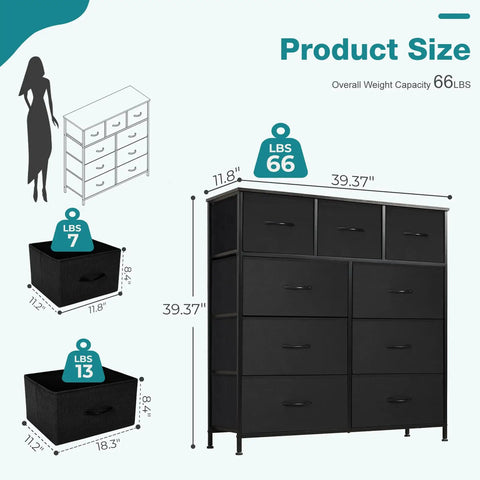 Dope Nine Drawer Black Dresser For Bedroom And Closet Organizer With Solid Multifunctional Storage Tower dimensions and weight capacity.