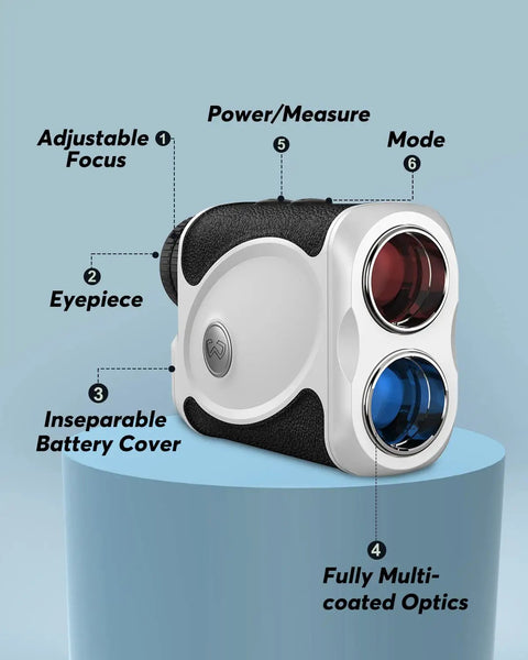 Top Notch Golf Rangefinder With Flag Lock And Pulse Vibration, Fast Focus Eyepiece, Distance Up To 1200 Yards displayed on pedestal