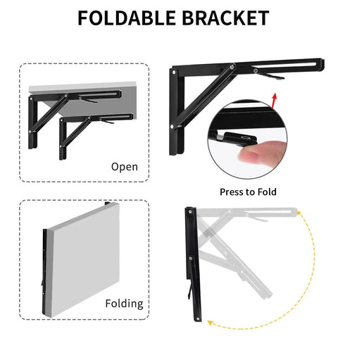 Diagram of Heavy Duty Folding Shelf Bracket 12 Inch Collapsible L Bracket For Workbench And Folding Tables Black Steel With 330lb Load Capacity DIY Shelf Support 2 Pack showing open and folded positions.