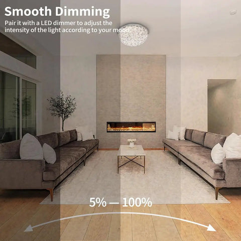 LED Ceiling Light Fixture Flush Mount With Crystal Dome Modern Chandelier Vibe Ceiling Light shown in living room setting with dimming effect.