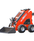 Compact Stand On Skid Steer Loader With 13.5HP Briggs And Stratton Gas Engine shown with wheels and front bucket attachment.