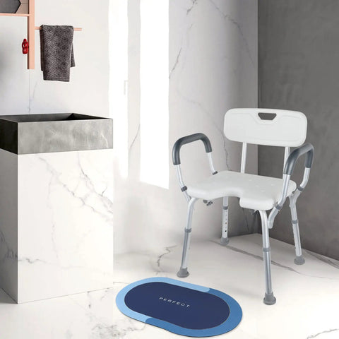 Adjustable Shower Chair With Tool Free Assembly For Spa Bathtub Lift Bench Portable White Bath Seat With Arms Height Adjustable 15 To 20 Inches Heavy Duty Aluminum Frame Supports Up To 250 Lbs Includes Bath Mat, white chair, blue mat