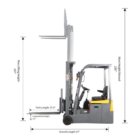 Heavy Duty 3 Wheel Electric Forklift Stacker With Full Power System For Warehouse Material Handling dimensions showing max lift height of 197".