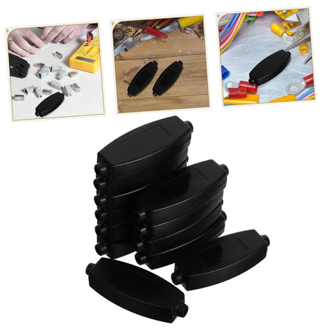 Stack of 20 black ABS plastic enclosure boxes for electronics projects PCB housing, featured in DIY setups and installations.