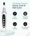No Sweat Cordless Electric Nail File Drill Kit With Salon Grade Manicure Pedicure Set For Stubborn Toenails features LED display and speed settings.