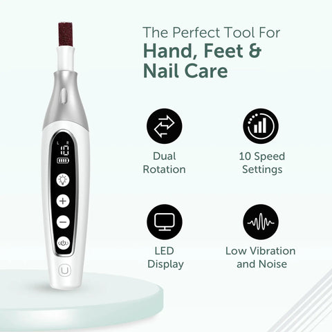 No Sweat Cordless Electric Nail File Drill Kit With Salon Grade Manicure Pedicure Set For Stubborn Toenails features LED display and speed settings.