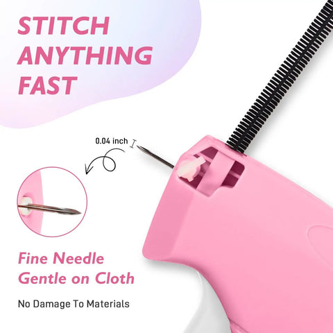 Clothing Stitch Gun Quick Fixer For Dresses And Garments With 6 Needles And 4,000 Fasteners, pink tool with fine needle visible