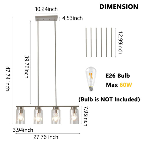 Dimensions of the Farmhouse Style 4 Light Dining Room Fixture With Clear Glass Shades And Brushed Nickel Finish For Kitchen Island And Dining Table Lighting Upgrade Perfect For Dining Room And Kitchen Island Ambience With Easy Ceiling Mount.