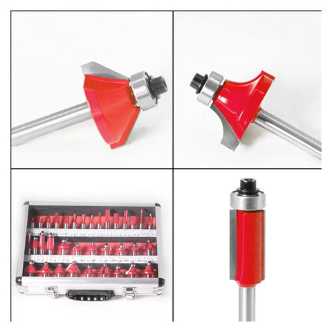 Top Notch 35 Piece Red Carbide Router Bit Set With 12 Mm Shank Wood End Mills, details of bits in case, for clean surface milling.