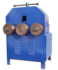 Pro Level Shop Ready Electric Pipe Bender And Tube Roller Machine With Comprehensive Die Setup For Snappy Curves On Square And Round Tubing Up To Three Inches in blue with three roller wheels for tubing.