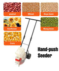 Manual Garden Seeder Hand Push Planter With 7 Nozzles, seeds shown, suitable for soybeans, corn, peanut, cotton, iron ABS build