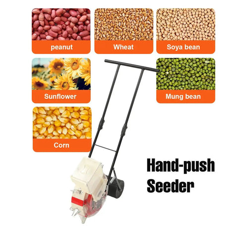 Manual Garden Seeder Hand Push Planter With 7 Nozzles, seeds shown, suitable for soybeans, corn, peanut, cotton, iron ABS build