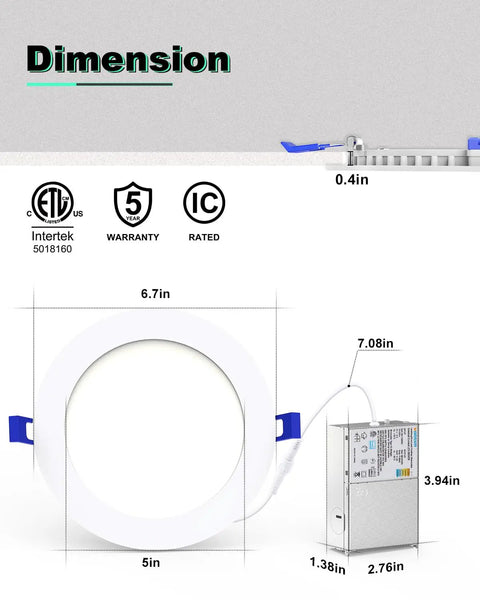 12 Pack 6 Inch 5Cct Recessed Led Lights Serving A Smooth Amber Night Halo Packing 1080 Lumens, dimensions with IC rated housing.