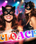 Premium Black Leather Rivet Cat Masquerade Mask Featuring Adjustable Back Buckle worn by smiling women at rave event.