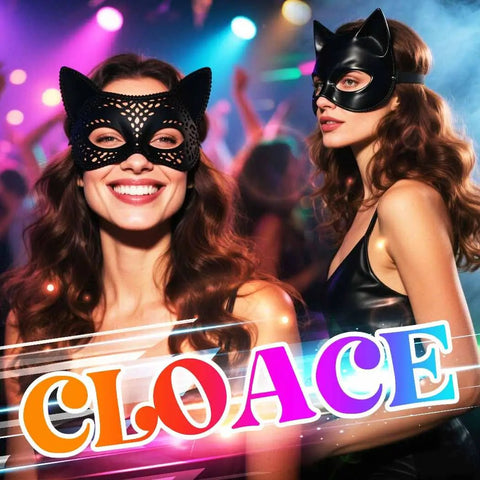 Premium Black Leather Rivet Cat Masquerade Mask Featuring Adjustable Back Buckle worn by smiling women at rave event.