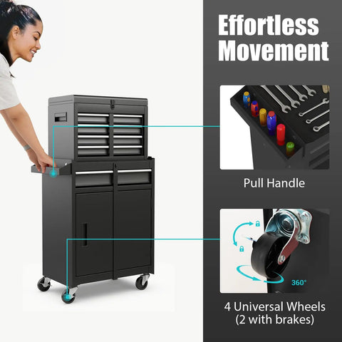 Five Drawer Rolling Tool Chest With Detachable Top Box, Locking Wheels, Adjustable Shelves, Liner, Metal Cart for Garage Workshop
