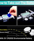 Digital Caliper 6 Inch With Stainless Steel Body showing battery removal process and 3V CR2032 battery details