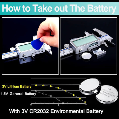 Digital Caliper 6 Inch With Stainless Steel Body showing battery removal process and 3V CR2032 battery details