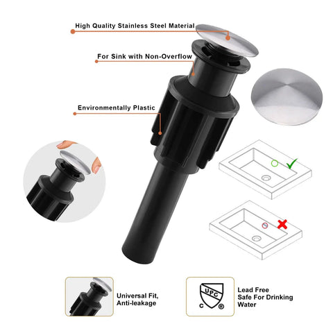 Universal black pop up drain assembly for sink, high quality stainless steel top, environmentally friendly plastic body